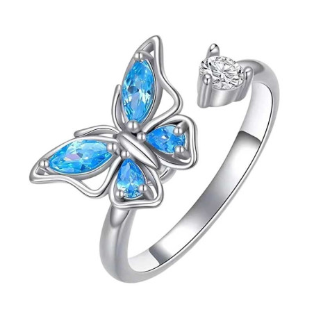 Bague Papillon Tournante Cristal Azur | Bague Anti-Stress