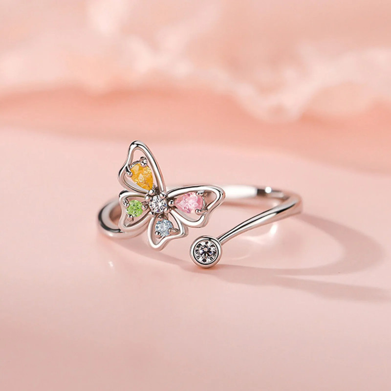 Magnifique Bague Papillon Multicolore Étincelant Argent Élégant