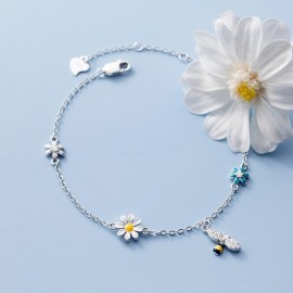 Bracelet abeille en argent Sterling 925 avec fleurs colorées et abeille plaqué argent