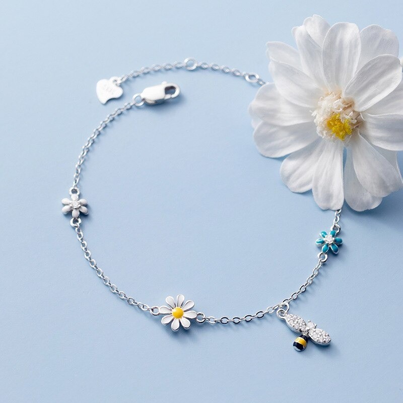 Bracelet abeille en argent Sterling 925 avec fleurs colorées et abeille plaqué argent