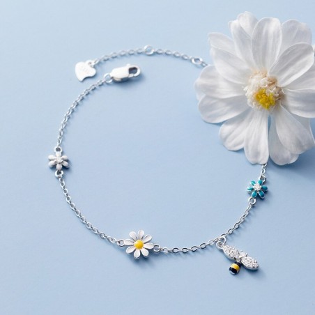 Bracelet abeille en argent Sterling 925 avec fleurs colorées et abeille plaqué argent