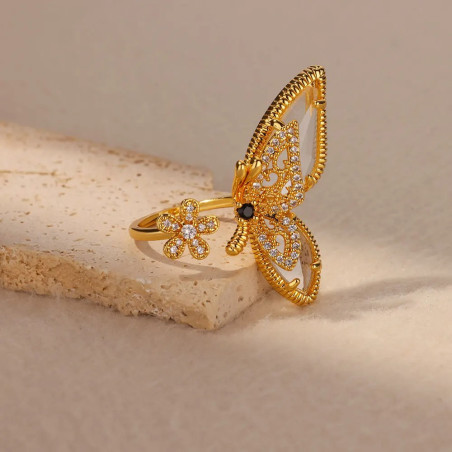 Bague Papillon Dorée & Cristal | Bijou Ajustable pour Femme