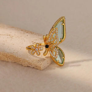 Bague Papillon Dorée & Cristal | Bijou Ajustable pour Femme