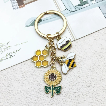 Porte-clés Abeille & Tournesol Doré | Cadeau Nature Original
