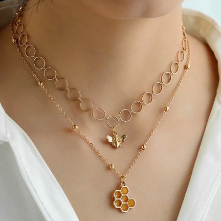 Double Collier avec 2 pendentifs  abeille et nid d'abeille