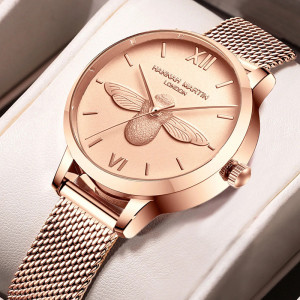 Montre-bracelet Marguerite en cuir noir et Quartz pour femmes