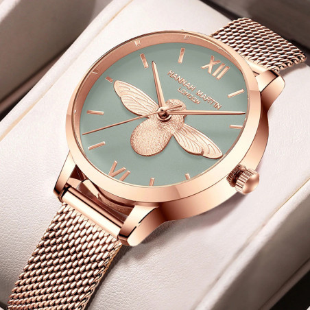 Montre-bracelet Marguerite en cuir noir et Quartz pour femmes