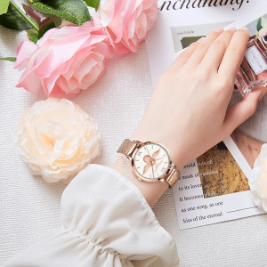 Montre-bracelet Marguerite en cuir noir et Quartz pour femmes