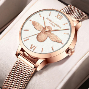 Montre-bracelet Marguerite en cuir noir et Quartz pour femmes