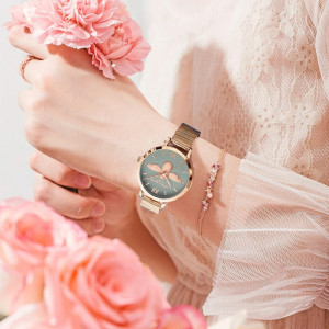 Montre-bracelet Marguerite en cuir noir et Quartz pour femmes
