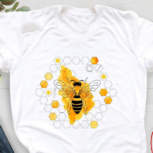T-shirt Abeille col ras du cou coton pour femme imprimé nid d'abeille