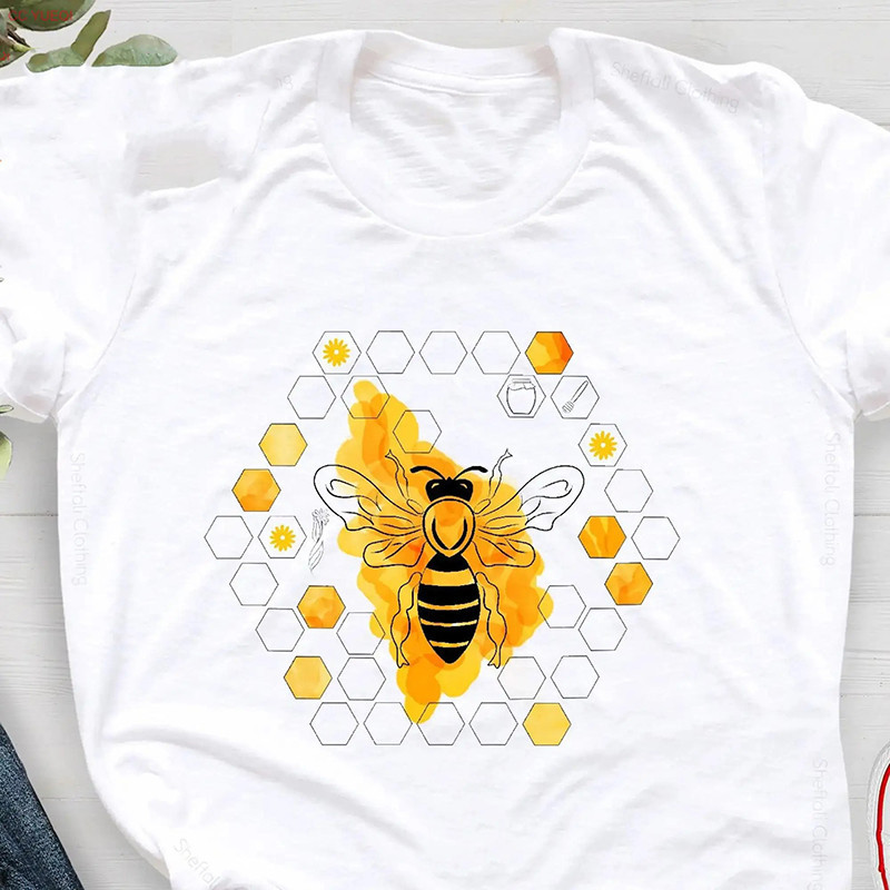 T-shirt Abeille col ras du cou coton pour femme imprimé nid d'abeille