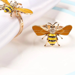 Golden Crystal Bee Napkin Rings | Unique Table Decor Gift