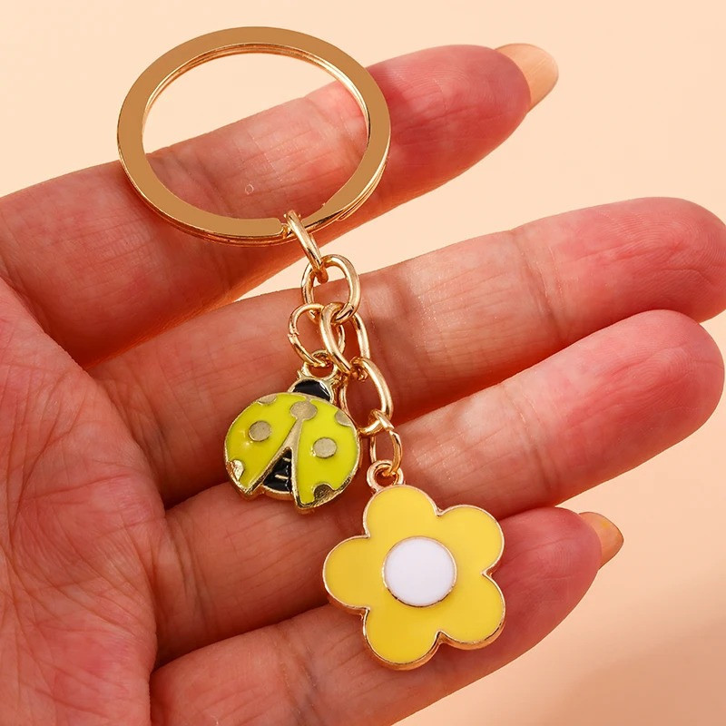 Cute Yellow Ladybug Keychain with Flower | Unique Gift Idea