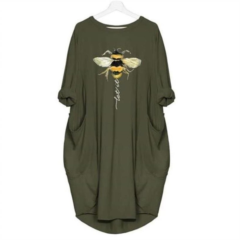 T-Shirt Long Abeille pour Femme avec 2 poches Let it Bee kaki