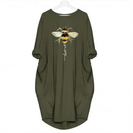 T-Shirt Long Abeille pour Femme avec 2 poches Let it Bee kaki