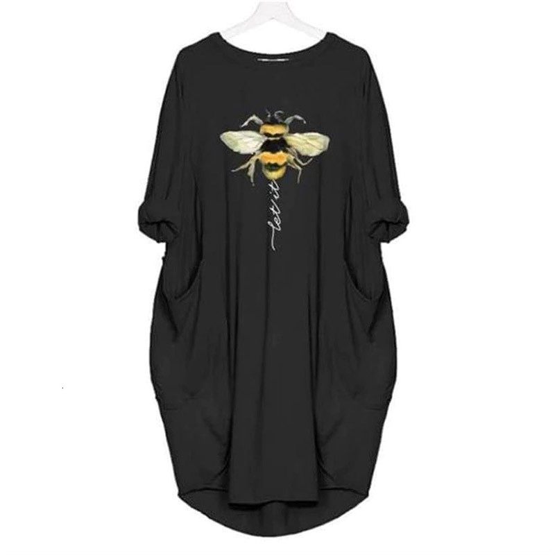 T-Shirt Long Abeille pour Femme avec 2 poches Let it Bee couleur noir