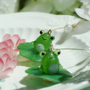 Boucles d'Oreilles Grenouille Feuille de Nénuphar