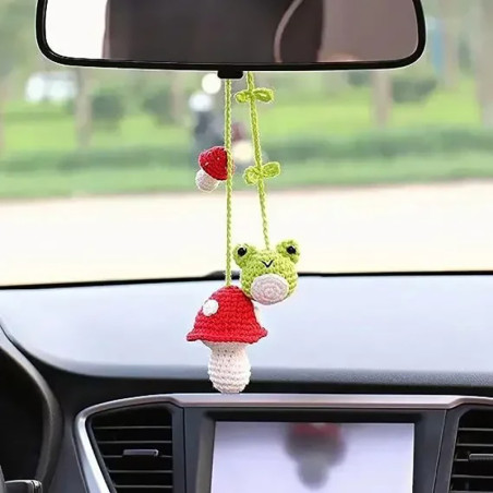 Handmade Crochet Frog & Mushroom Car Charm | Cute Mirror Decor
