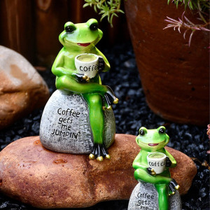 Statuette grenouille en résine "Réveil Café" - 2 tailles au choix !