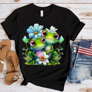 T-Shirt Grenouille Duo Fleur Bleue | Cadeau Original & Coloré