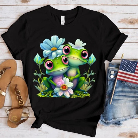 T-Shirt Grenouille Duo Fleur Bleue | Cadeau Original & Coloré
