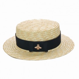Chapeau de paille cannotier avec ruban et broche abeille strass noir