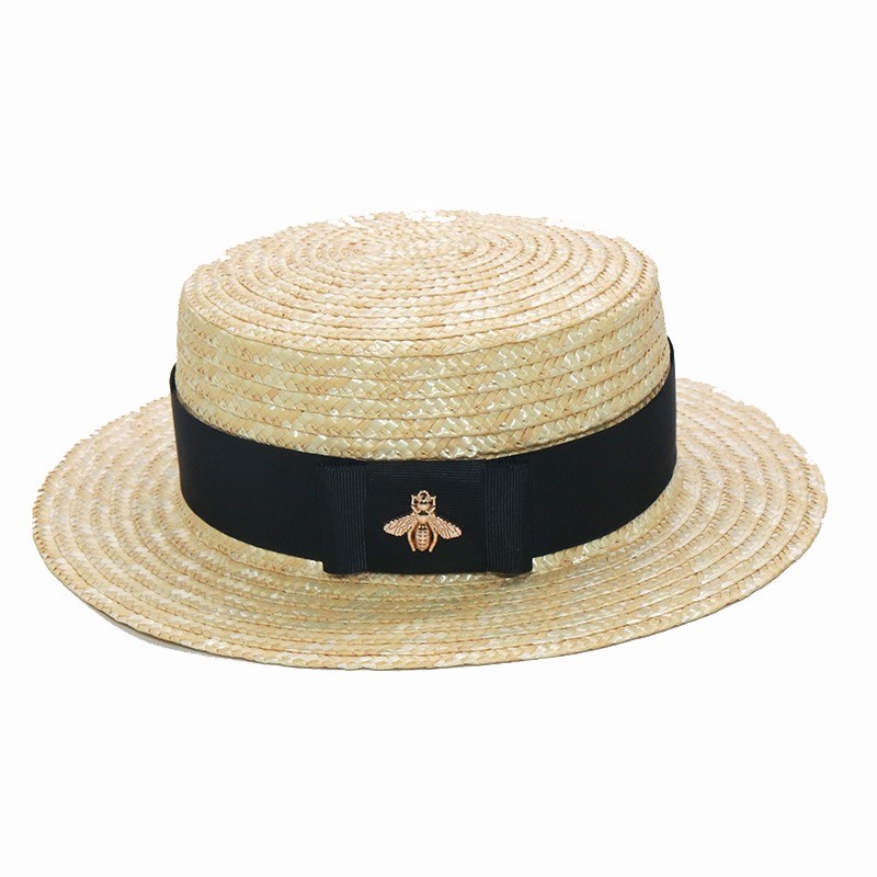 Chapeau de paille cannotier avec ruban et broche abeille strass noir