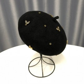 Béret en laine pour femme avec abeille cristal noir