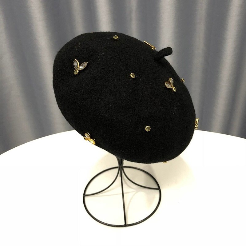 Béret en laine pour femme avec abeille cristal noir