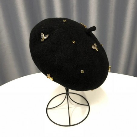 Béret en laine pour femme avec abeille cristal noir