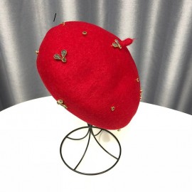 Béret en laine pour femme avec abeille cristal rouge