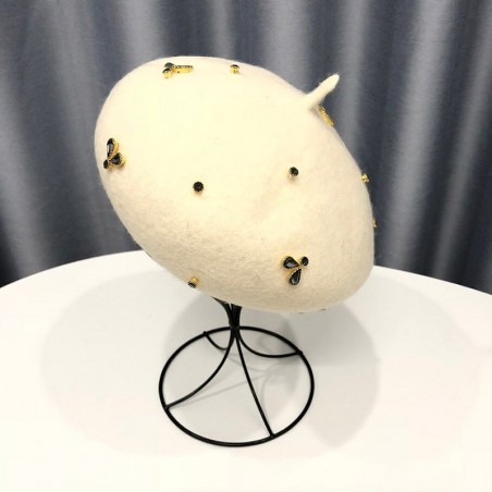 Béret en laine pour femme avec abeille cristal blanc