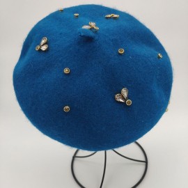Béret en laine pour femme avec abeille cristal bleu
