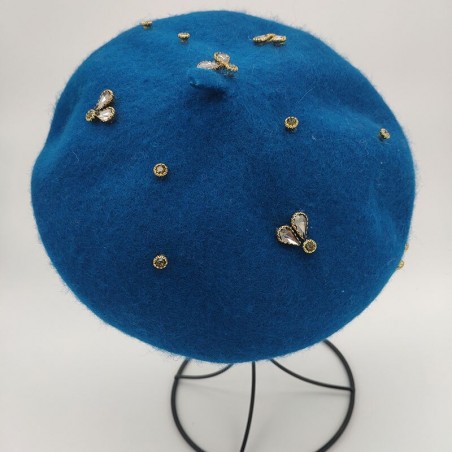 Béret en laine pour femme avec abeille cristal bleu