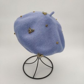 Béret en laine pour femme avec abeille cristal bleu clair