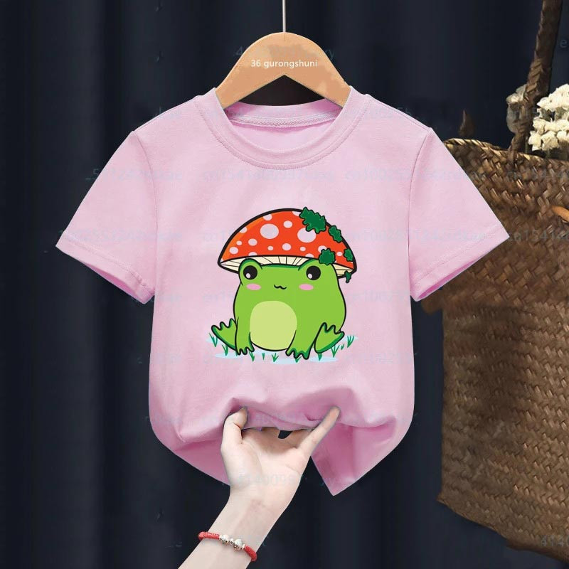 T-shirt Mignon Grenouille avec Chapeau Champignon pour Fille | T-shirt en Coton Kawaii