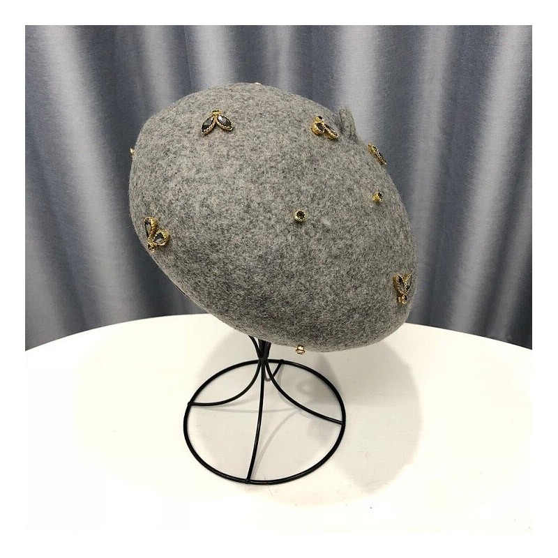 Béret en laine pour femme avec abeille cristal gris