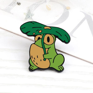 Pin's Émaillé Mignon Grenouille s'Abritant sous une Feuille