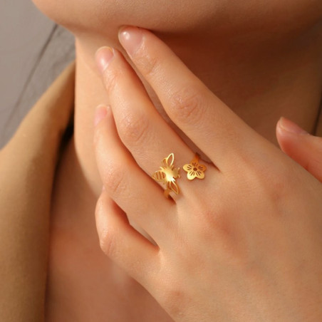 Bague Abeille & Fleur Céleste Ajustable - Or ou Argent