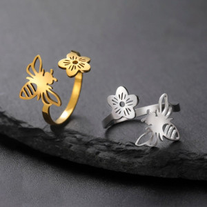 Bague Abeille & Fleur Céleste Ajustable - Or ou Argent