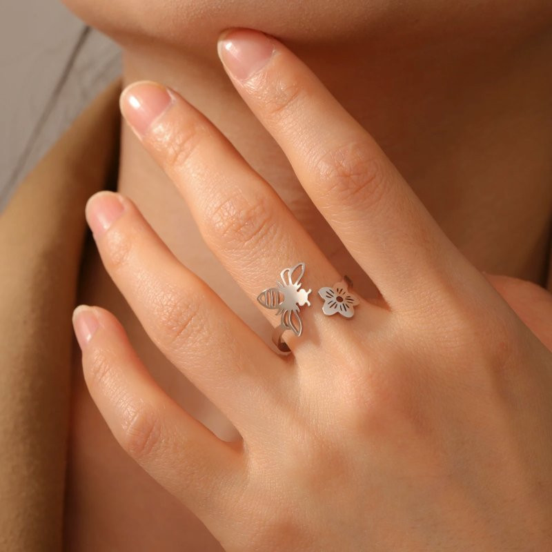 Bague Abeille & Fleur Céleste Ajustable - Or ou Argent