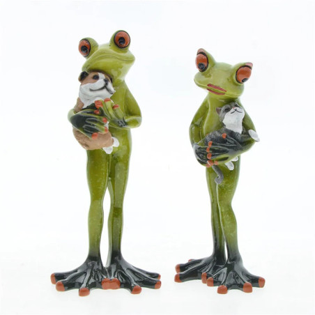 Figurine Grenouille Câlinant Chat & Chien | Déco Animaux