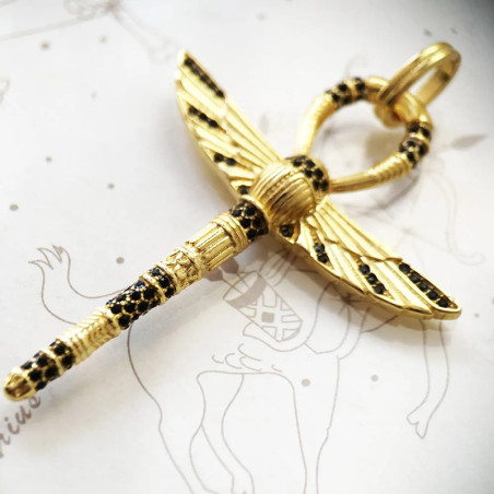 Gold Ankh Scarab Pendant – 925 Silver & Black Stone Jewelry