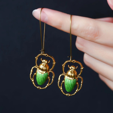 Boucles d'oreilles Scarabée Émeraude – Bijou Nature Or & Vert