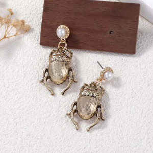 Gold Scarab Beetle Earrings with Pearl | Vintage Egyptian Jewelry
