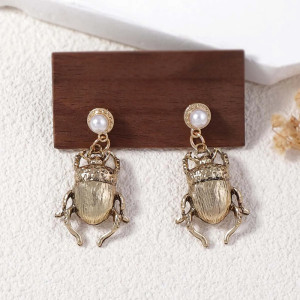 Boucles d'Oreilles Scarabée Doré & Perle | Bijou Vintage Égyptien