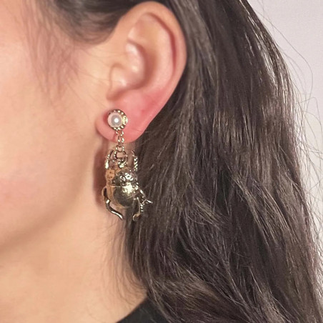 Gold Scarab Beetle Earrings with Pearl | Vintage Egyptian Jewelry