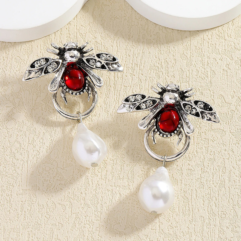 Boucles d'Oreilles Scarabée Uniques Rubis & Perle | Cadeau Femme