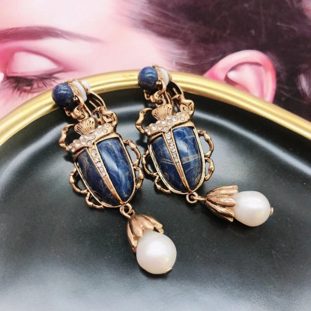 Boucles d'Oreilles Clip Scarabée Bleu Roi | Bijou Vintage